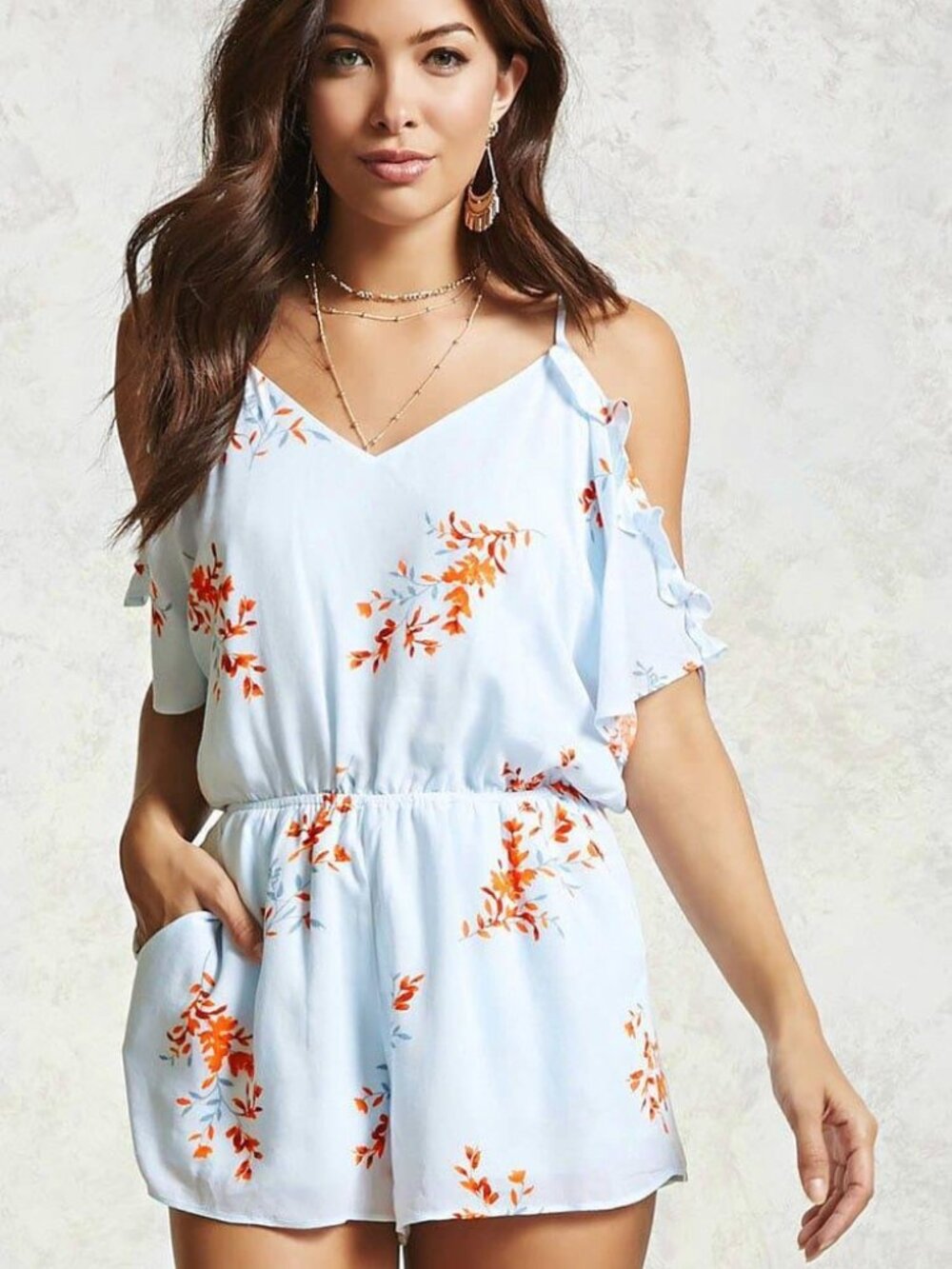 FOrever 21 Light Blue Floral Open-shoulder Romper Small S